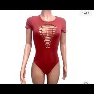 Sexy Dusty Muted Rust Slash Cut-out Cleavage Bodysuit SteamPunk Party 1 Pc New